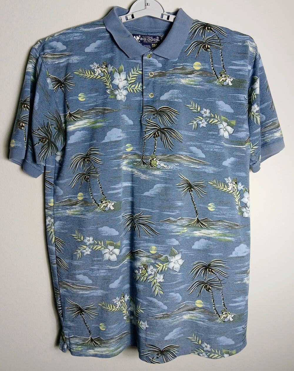 Vintage Big Dogs Hawaiian Polo Shirt Mens XL Blue Palm Tree Tropical Flower